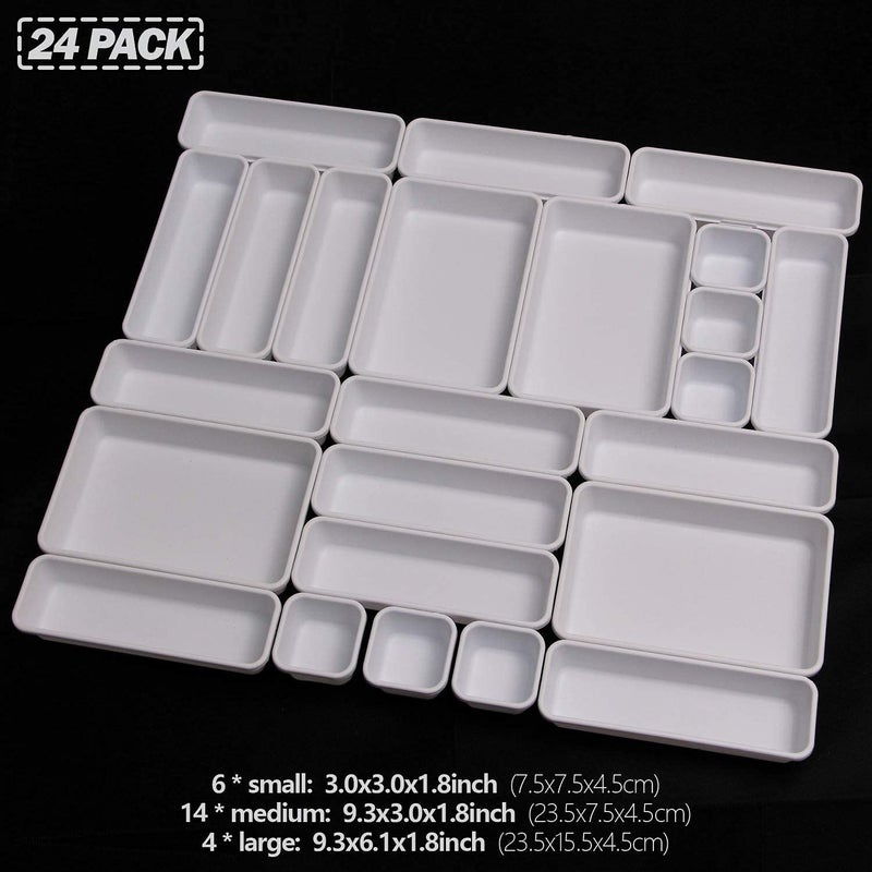 TENABORT Set of 24 Interlocking Desk Drawer Organizer Tray Dividers Plastic Shallow Narrow Drawers Organizers Separators Storage Bins Container for Kitchen Bathroom Makeup Office Vanity Bedroom Dresser White - Image 3
